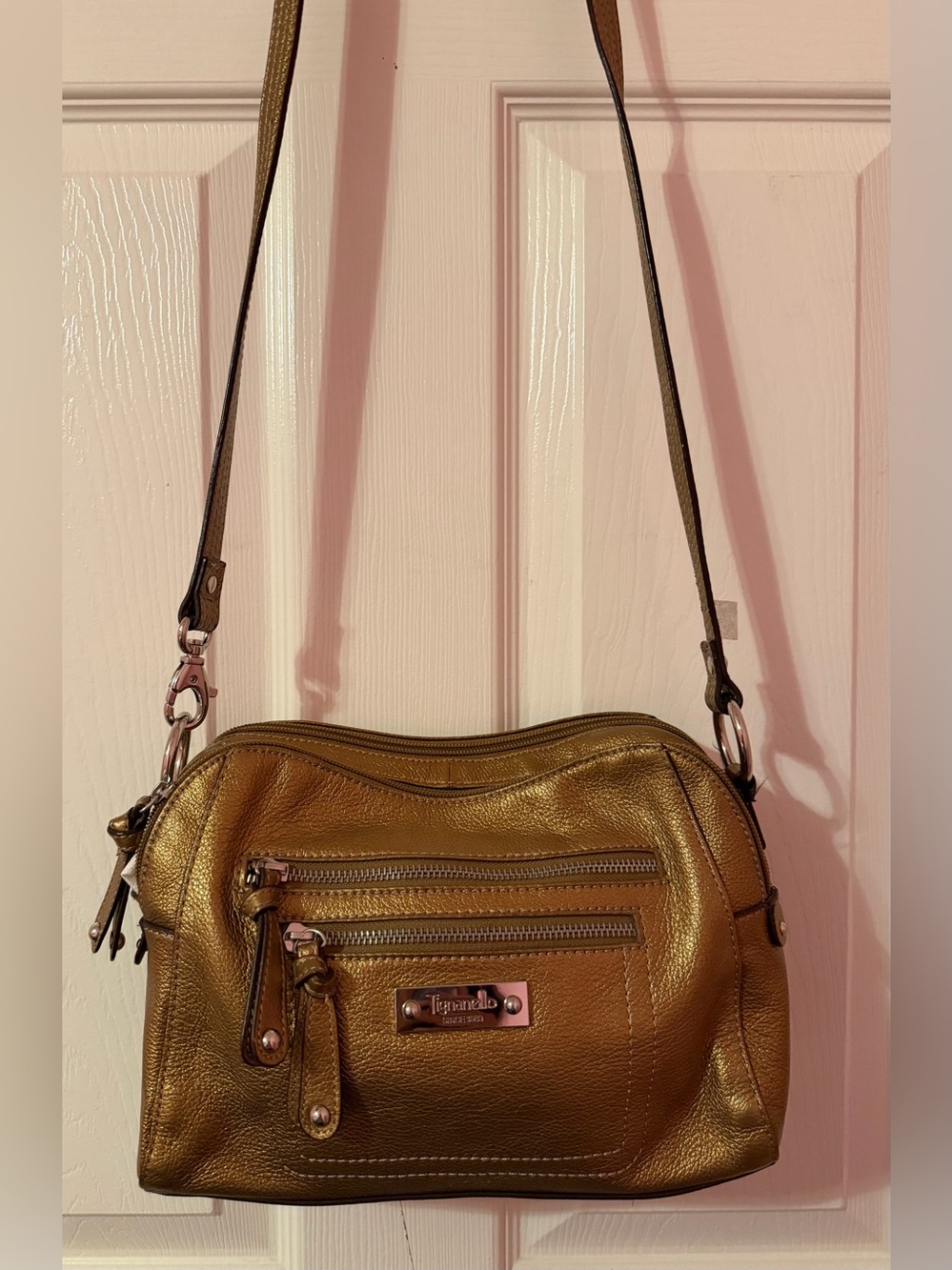 Tignanello Metallic Gold Pebble Leather Crossbody Bag